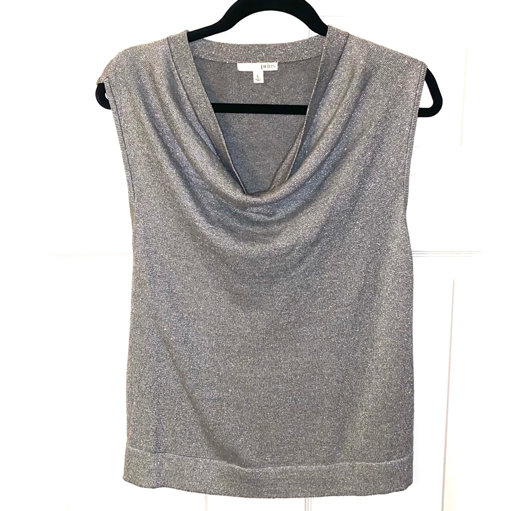 Prins Metallic Silver Sleeveless Weighted Cowl Neck Top Size Large